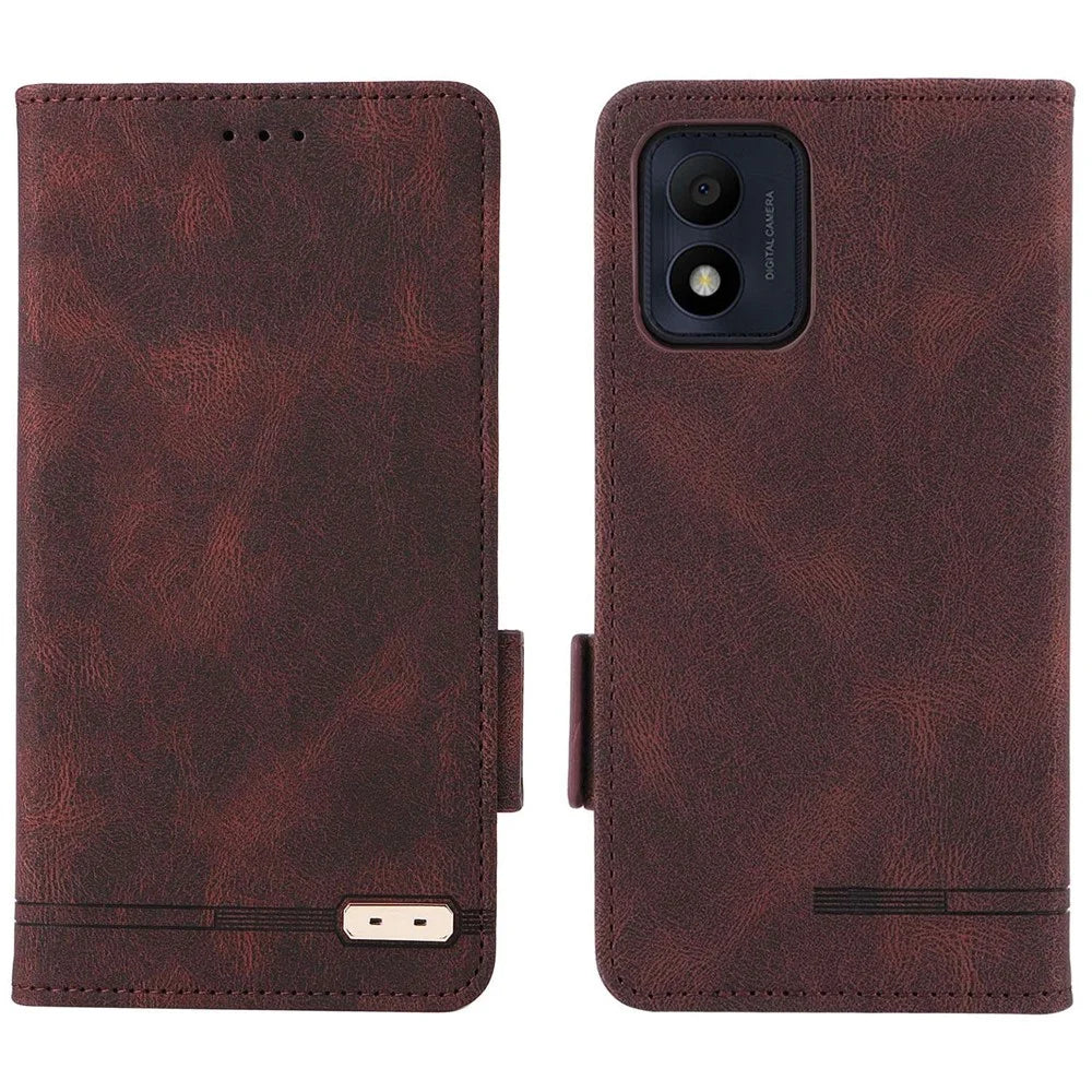 For Alcatel 1B (2022) Hardware Design Shockproof PU Leather Wallet Stand Case Book Style Phone Cover - Coffee - 1