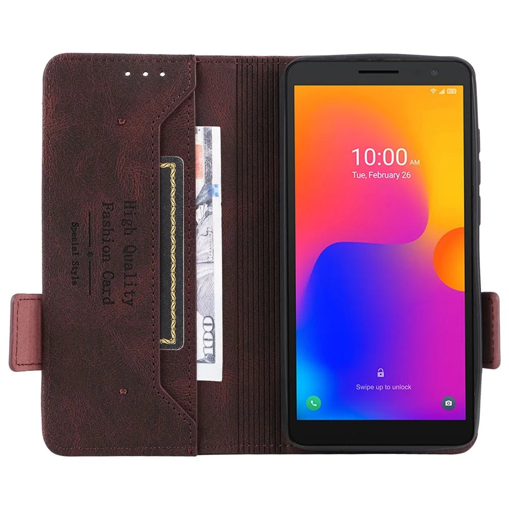 For Alcatel 1B (2022) Hardware Design Shockproof PU Leather Wallet Stand Case Book Style Phone Cover - Coffee - 2