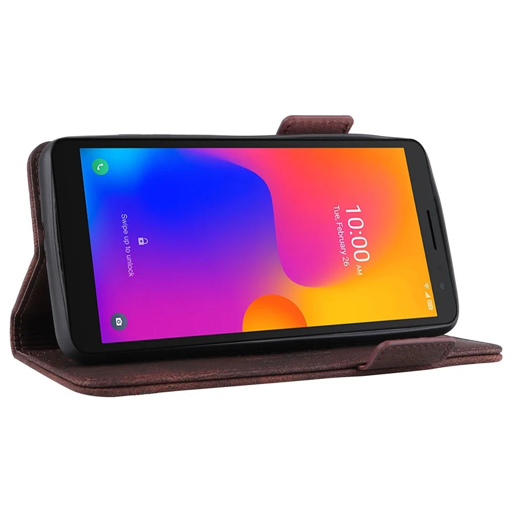 For Alcatel 1B (2022) Hardware Design Shockproof PU Leather Wallet Stand Case Book Style Phone Cover - Coffee - 3
