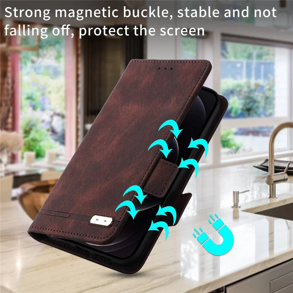 For Alcatel 1B (2022) Hardware Design Shockproof PU Leather Wallet Stand Case Book Style Phone Cover - Coffee - 6