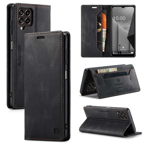 AUTSPACE A01 Series For Samsung Galaxy M53 5G RFID Blocking Matte PU Leather Phone Case Wallet Stand Flip Cover - Black - 1