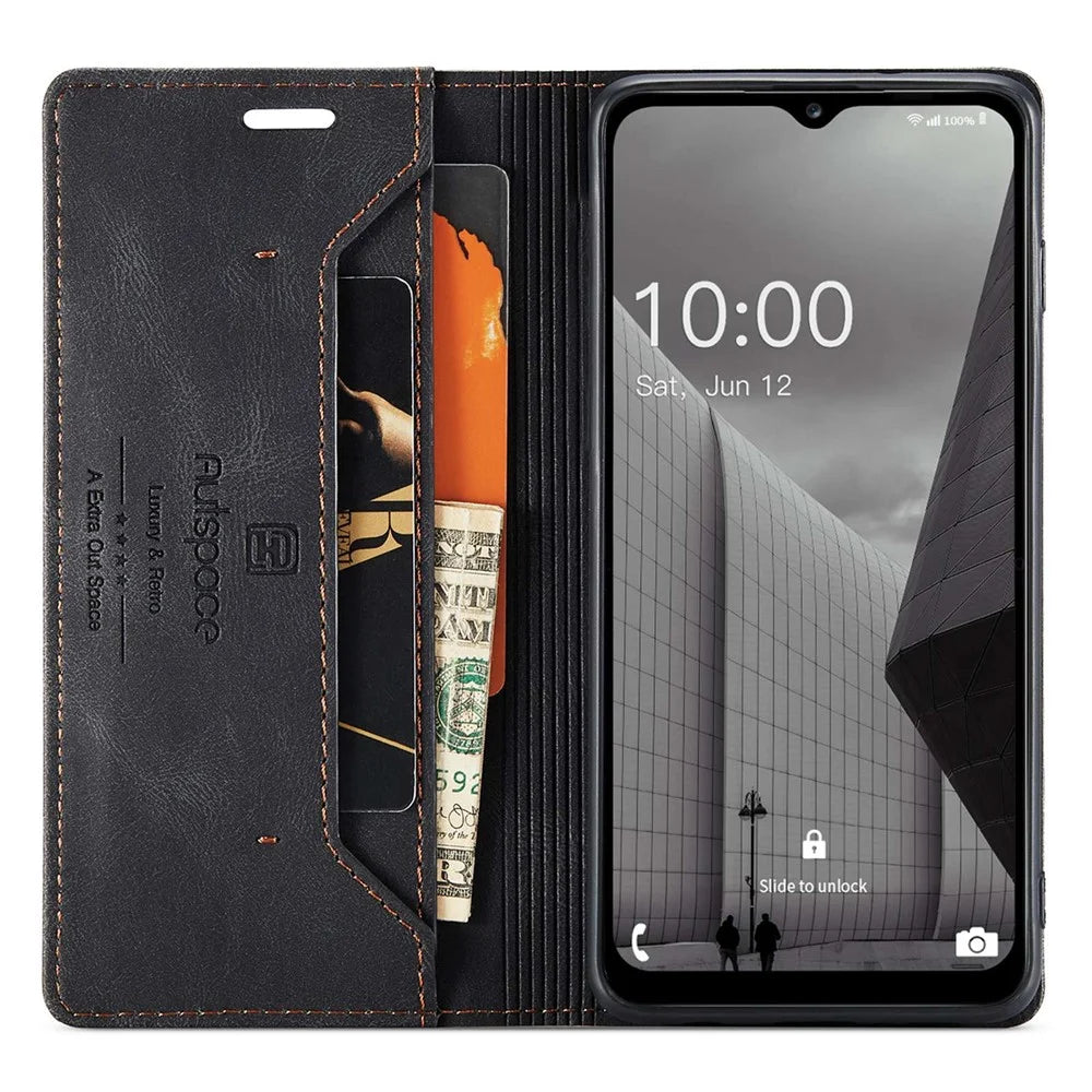 AUTSPACE A01 Series For Samsung Galaxy M53 5G RFID Blocking Matte PU Leather Phone Case Wallet Stand Flip Cover - Black - 2