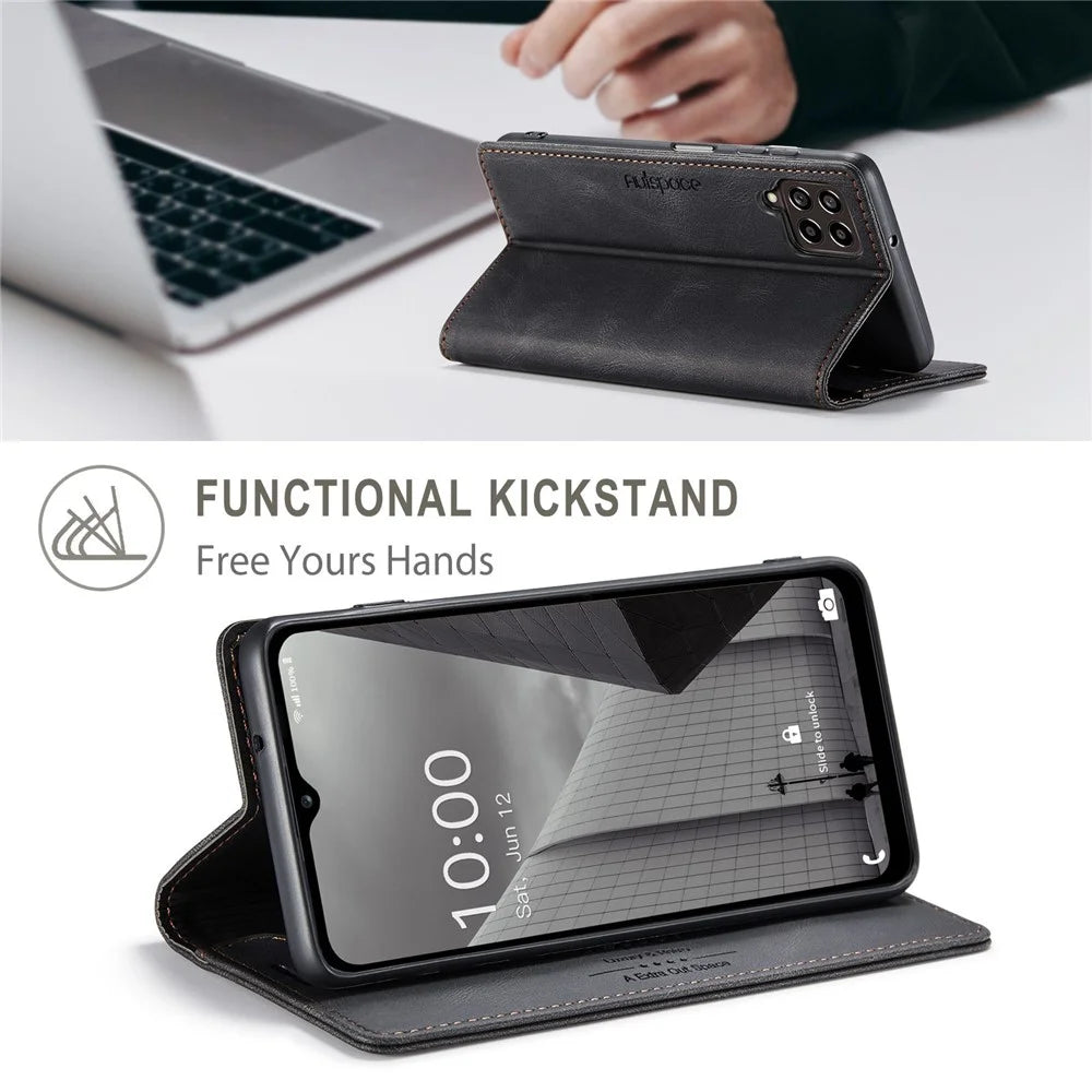 AUTSPACE A01 Series For Samsung Galaxy M53 5G RFID Blocking Matte PU Leather Phone Case Wallet Stand Flip Cover - Black - 4