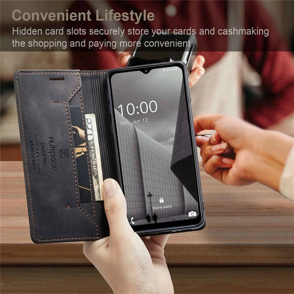 AUTSPACE A01 Series For Samsung Galaxy M53 5G RFID Blocking Matte PU Leather Phone Case Wallet Stand Flip Cover - Black - 7