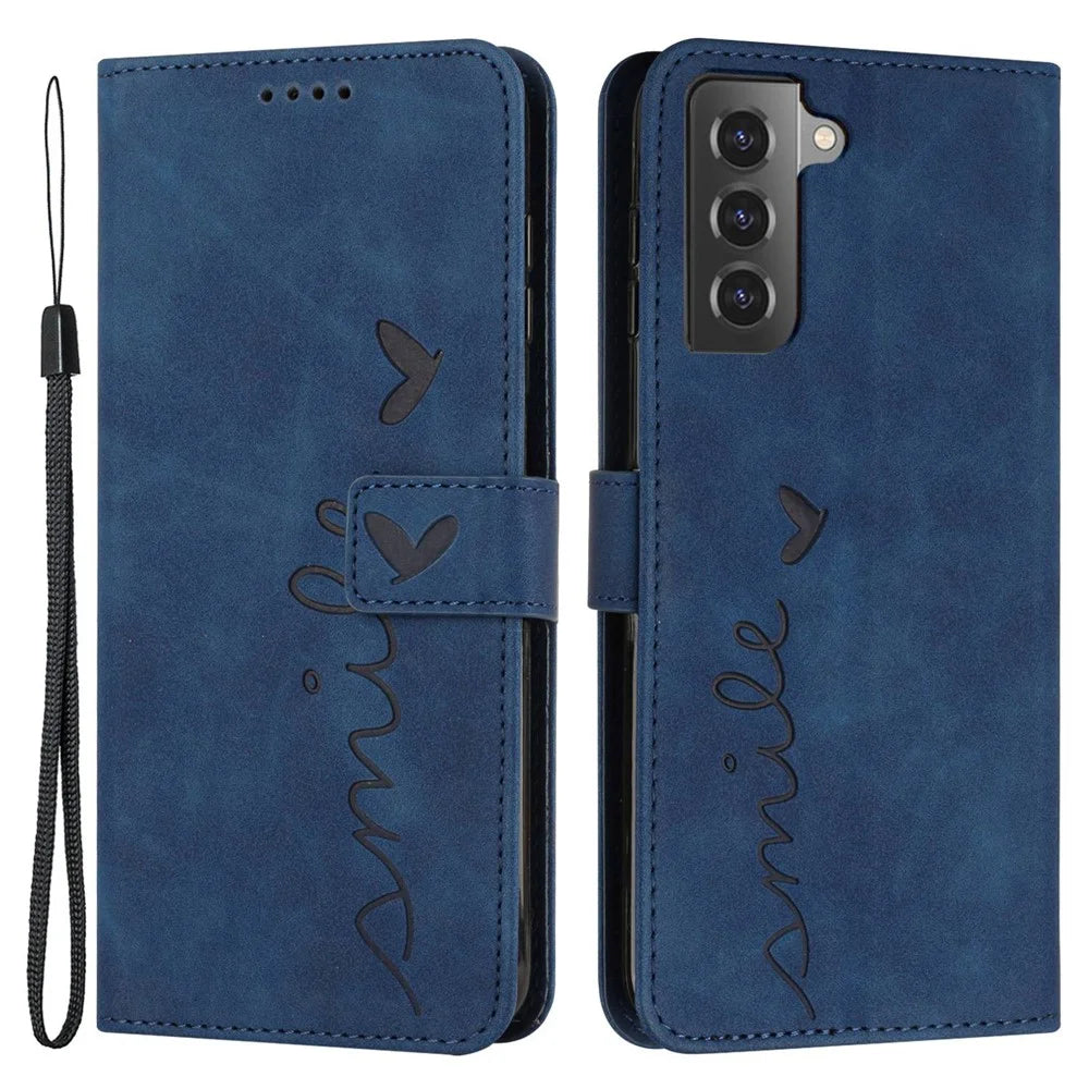 For Samsung Galaxy S21 FE 5G Heart Shape Imprinted Anti-scratch Phone Stand Case Skin-touch PU Leather Wallet Cover - Sapphire - 1