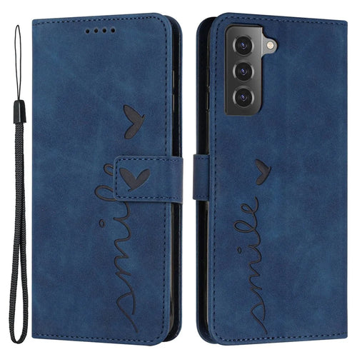 For Samsung Galaxy S21 FE 5G Heart Shape Imprinted Anti-scratch Phone Stand Case Skin-touch PU Leather Wallet Cover - Sapphire - 1