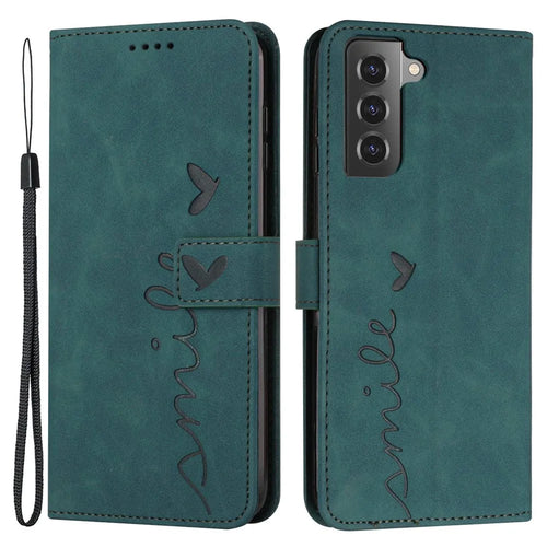 For Samsung Galaxy S21 4G/5G Skin-touch Feeling Heart Shape Imprinted Leather Case Wallet Stand Phone Cover - Green - 1