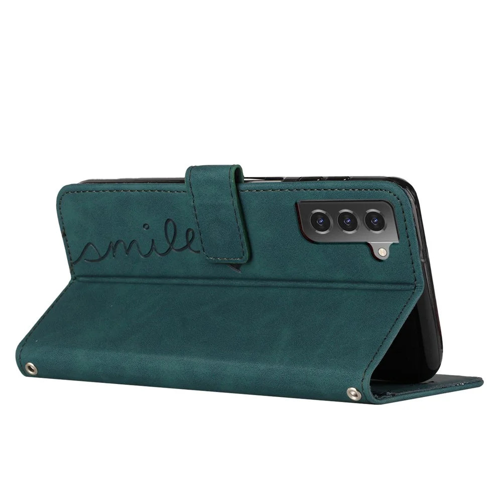 For Samsung Galaxy S21 4G/5G Skin-touch Feeling Heart Shape Imprinted Leather Case Wallet Stand Phone Cover - Green - 3