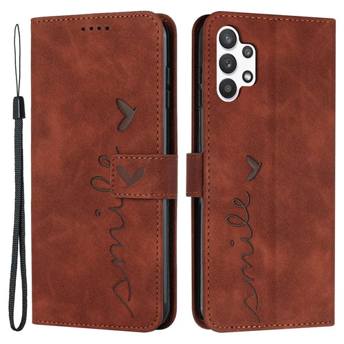 For Samsung Galaxy A13 4G Heart Shape Imprinted Magnetic Clasp PU Leather Case Skin-touch Phone Cover with Wallet Stand - Brown - 1