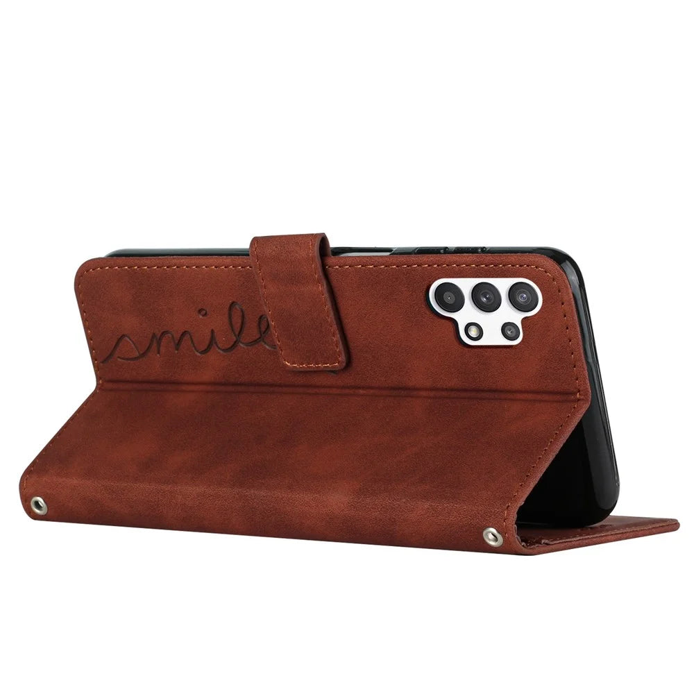 For Samsung Galaxy A13 4G Heart Shape Imprinted Magnetic Clasp PU Leather Case Skin-touch Phone Cover with Wallet Stand - Brown - 3