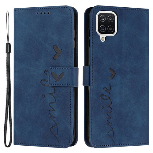 For Samsung Galaxy A22 4G (EU Version)/M22/F22/M32 (India Version)/M32 (Global Version) 4G Skin-touch Feeling Heart Shape Imprinted Phone Case PU Leather Wallet Stand Shell with Strap - Sapphire - 1