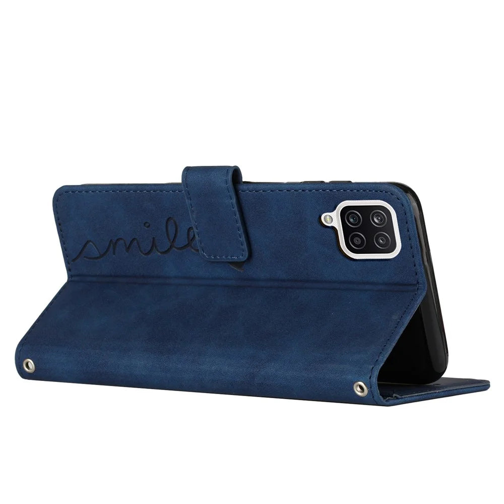 For Samsung Galaxy A22 4G (EU Version)/M22/F22/M32 (India Version)/M32 (Global Version) 4G Skin-touch Feeling Heart Shape Imprinted Phone Case PU Leather Wallet Stand Shell with Strap - Sapphire - 3