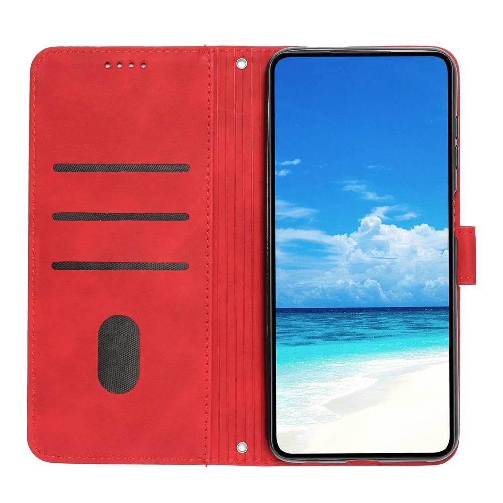 For Samsung Galaxy A13 5G / A04s 4G (164.7mm) Heart Shape Imprinted Phone Case PU Leather Skin-touch Feeling Wallet Style Shell with Stand - Red - 2