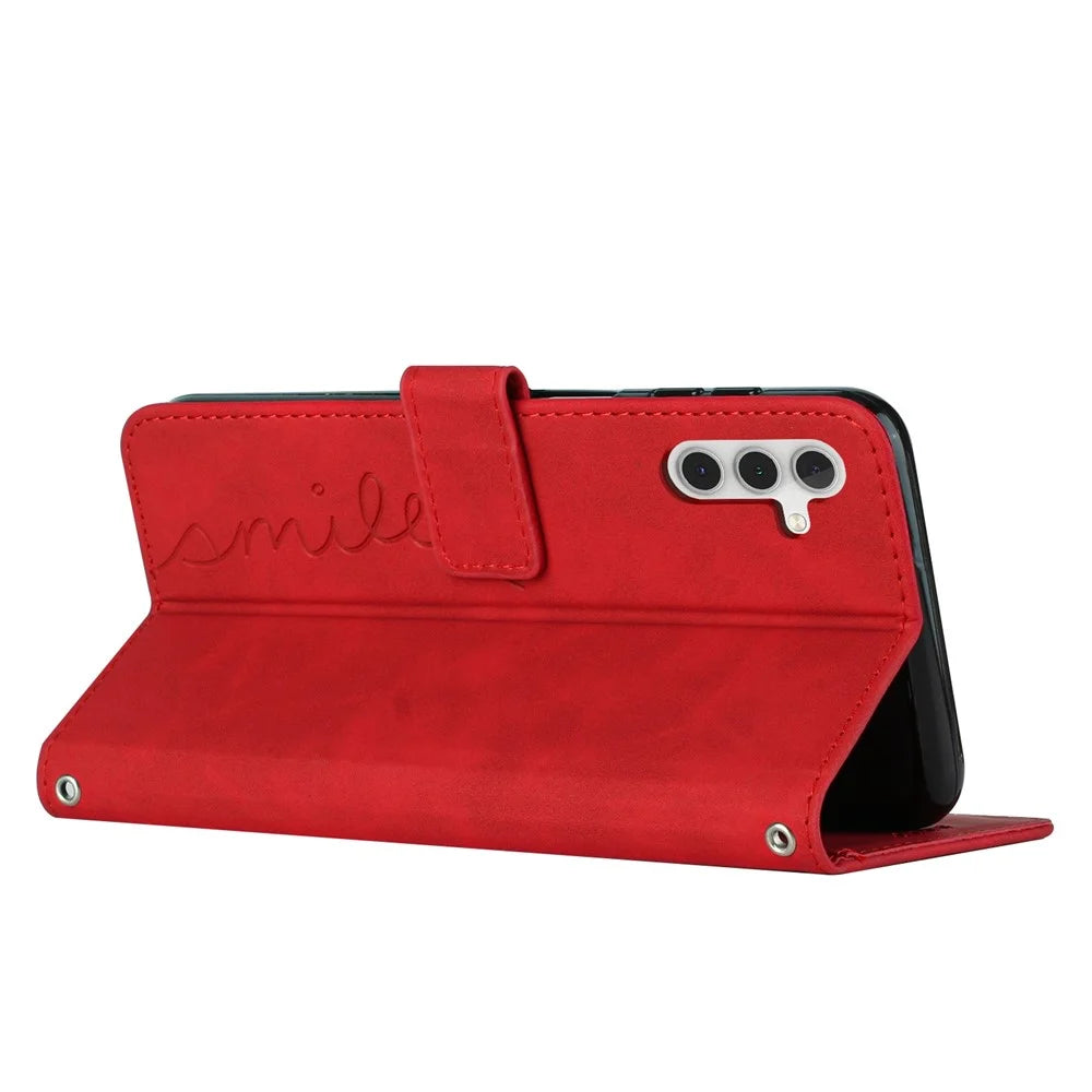For Samsung Galaxy A13 5G / A04s 4G (164.7mm) Heart Shape Imprinted Phone Case PU Leather Skin-touch Feeling Wallet Style Shell with Stand - Red - 3
