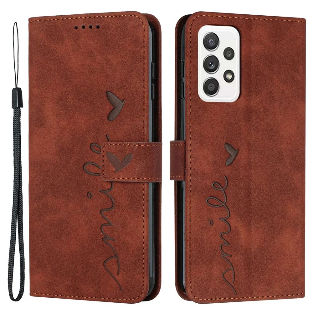 For Samsung Galaxy A32 4G (EU Version) Heart Shape Imprinted Skin-touch Phone Leather Case Wallet Stand Inner TPU Cover - Brown - 1