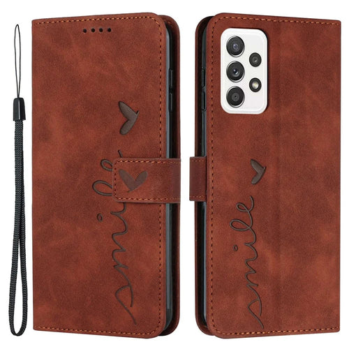 For Samsung Galaxy A32 4G (EU Version) Heart Shape Imprinted Skin-touch Phone Leather Case Wallet Stand Inner TPU Cover - Brown - 1
