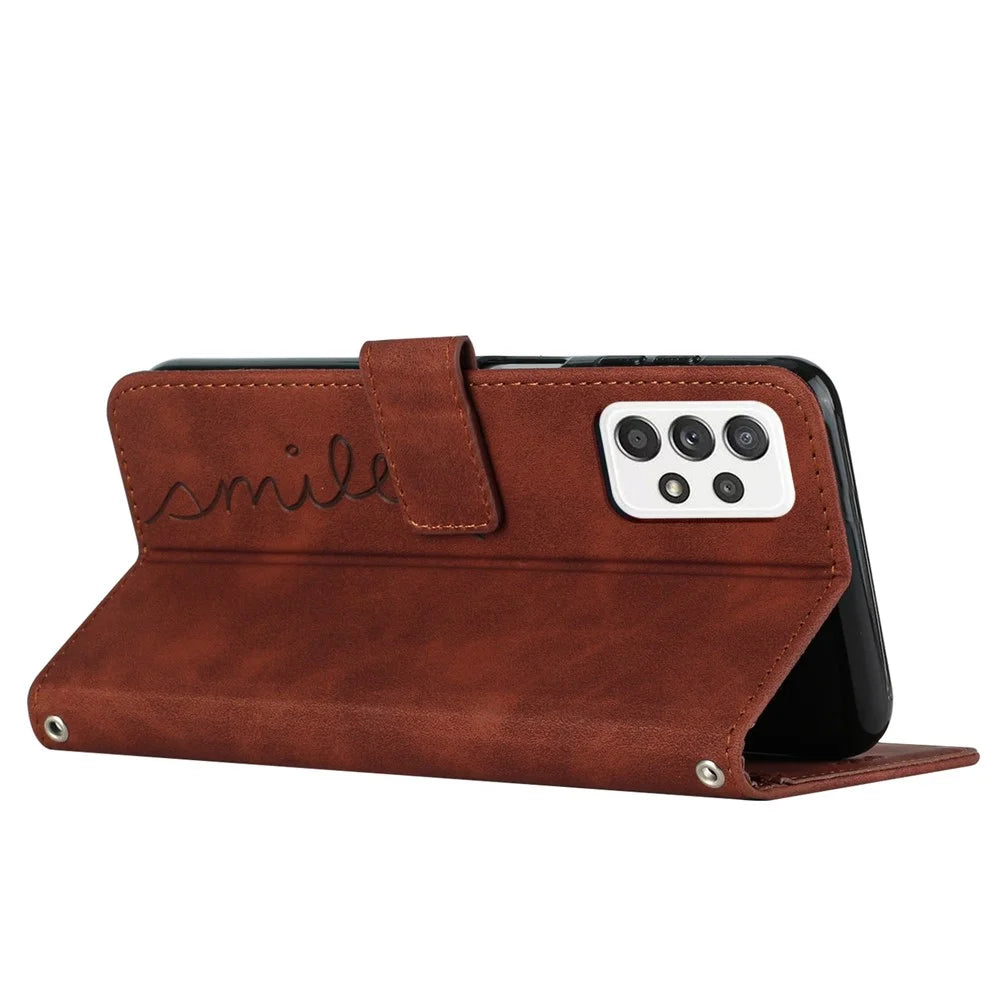 For Samsung Galaxy A32 4G (EU Version) Heart Shape Imprinted Skin-touch Phone Leather Case Wallet Stand Inner TPU Cover - Brown - 3