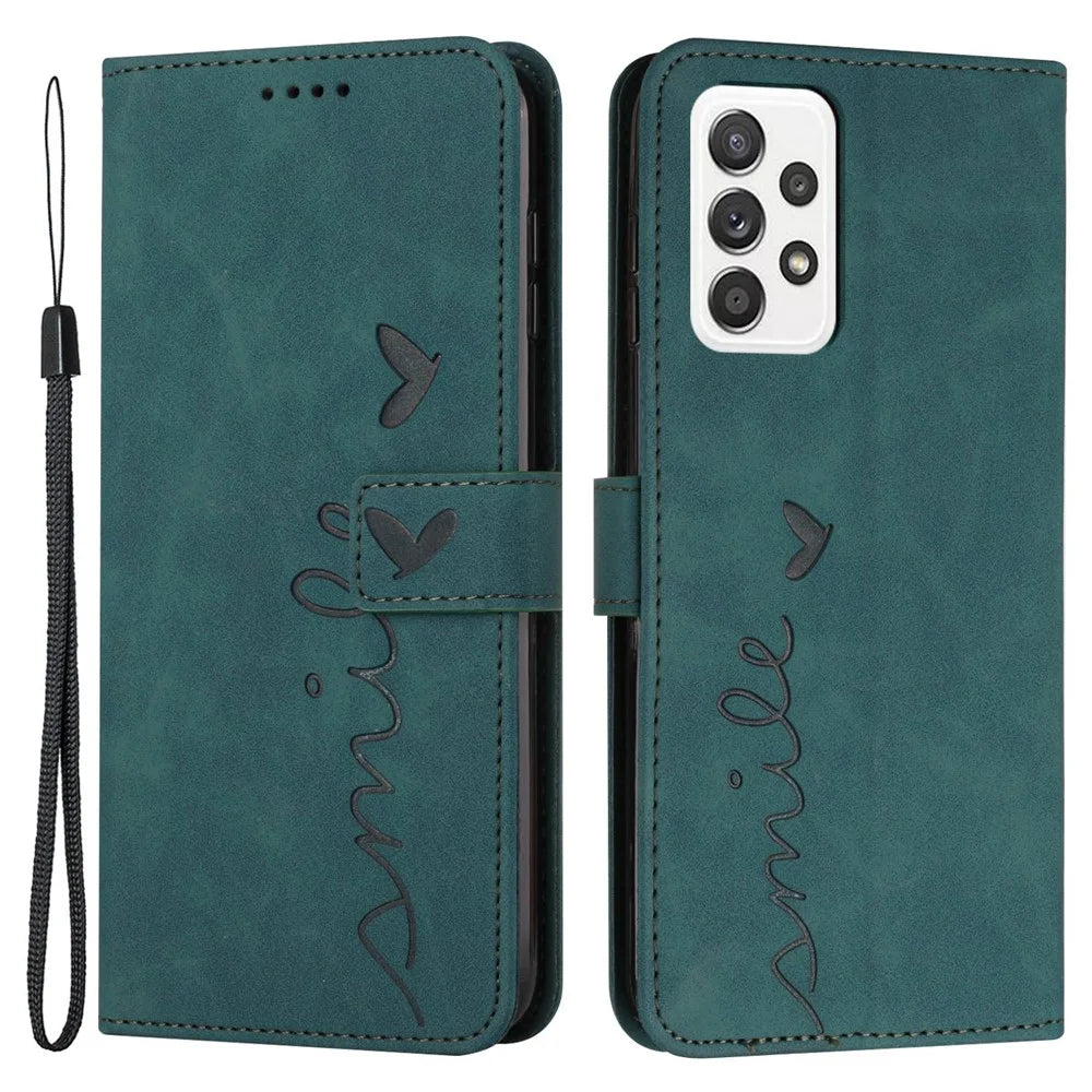 For Samsung Galaxy A23 5G (Global Version) / 4G Heart Shape Imprinted Skin-touch PU Leather Stand Wallet Phone Case Protector - Green - 1