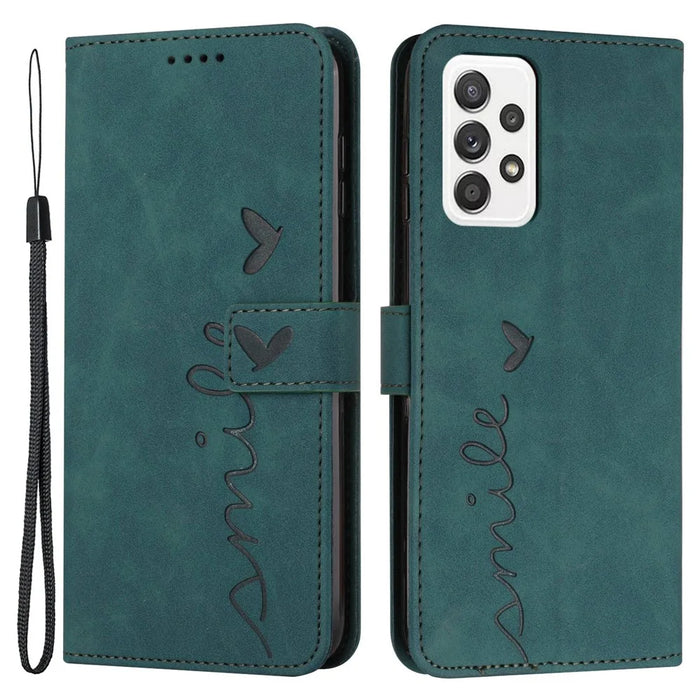 For Samsung Galaxy A23 5G (Global Version) / 4G Heart Shape Imprinted Skin-touch PU Leather Stand Wallet Phone Case Protector - Green - 1