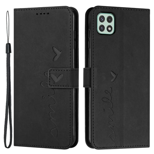 For Samsung Galaxy A22 5G/A22s 5G (EU Version) Skin-touch Feeling Heart Shape Imprinted Hands-free Stand Phone Case PU Leather Wallet Shell with Strap - Black - 1