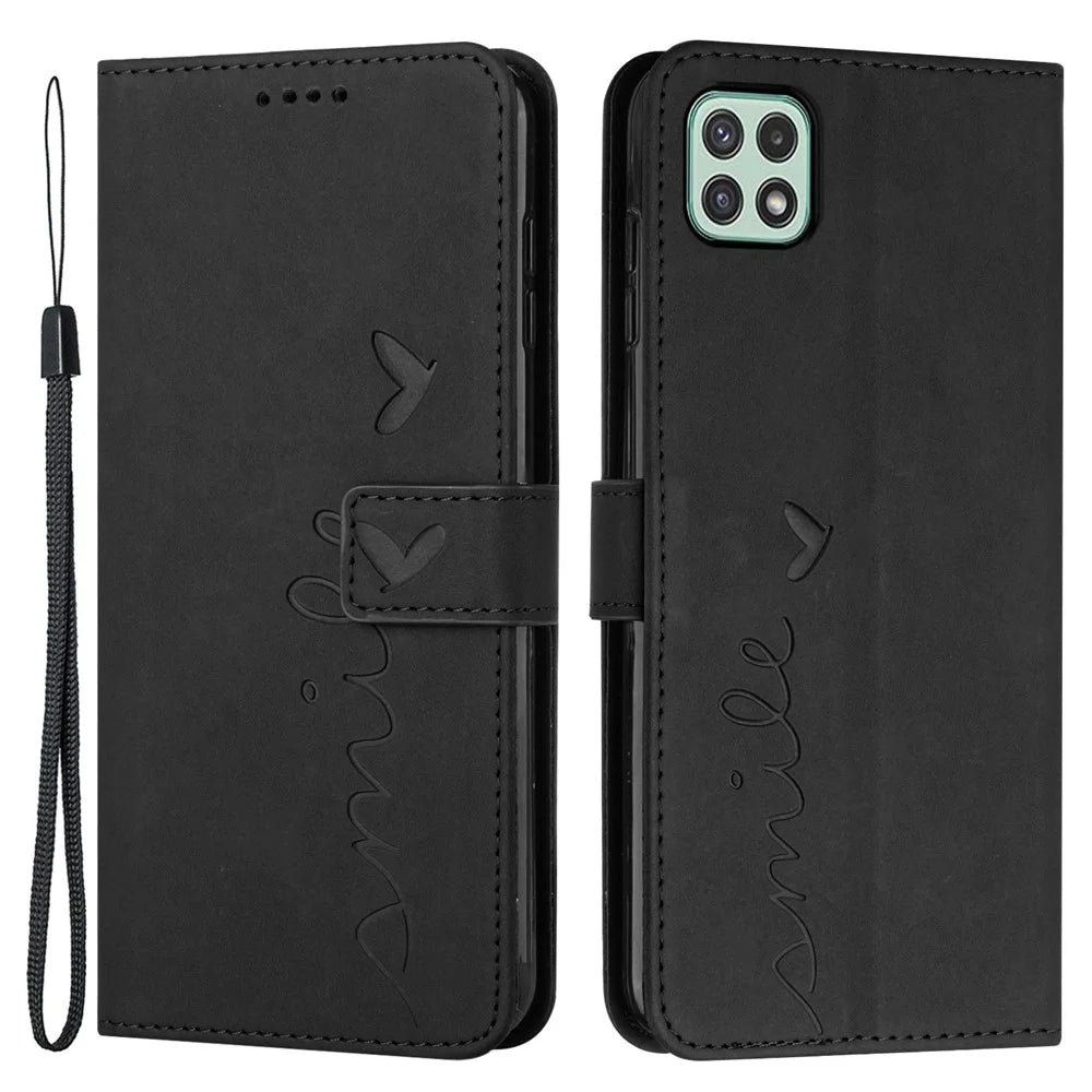 For Samsung Galaxy A22 5G/A22s 5G (EU Version) Skin-touch Feeling Heart Shape Imprinted Hands-free Stand Phone Case PU Leather Wallet Shell with Strap - Black - 1