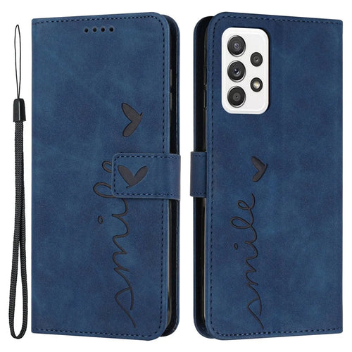 Heart Shape Imprinted Phone Cover for Samsung Galaxy A33 5G, Skin-touch Stand Wallet PU Leather Case - Sapphire - 1