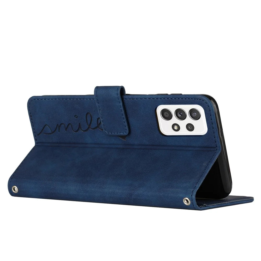 Heart Shape Imprinted Phone Cover for Samsung Galaxy A33 5G, Skin-touch Stand Wallet PU Leather Case - Sapphire - 3