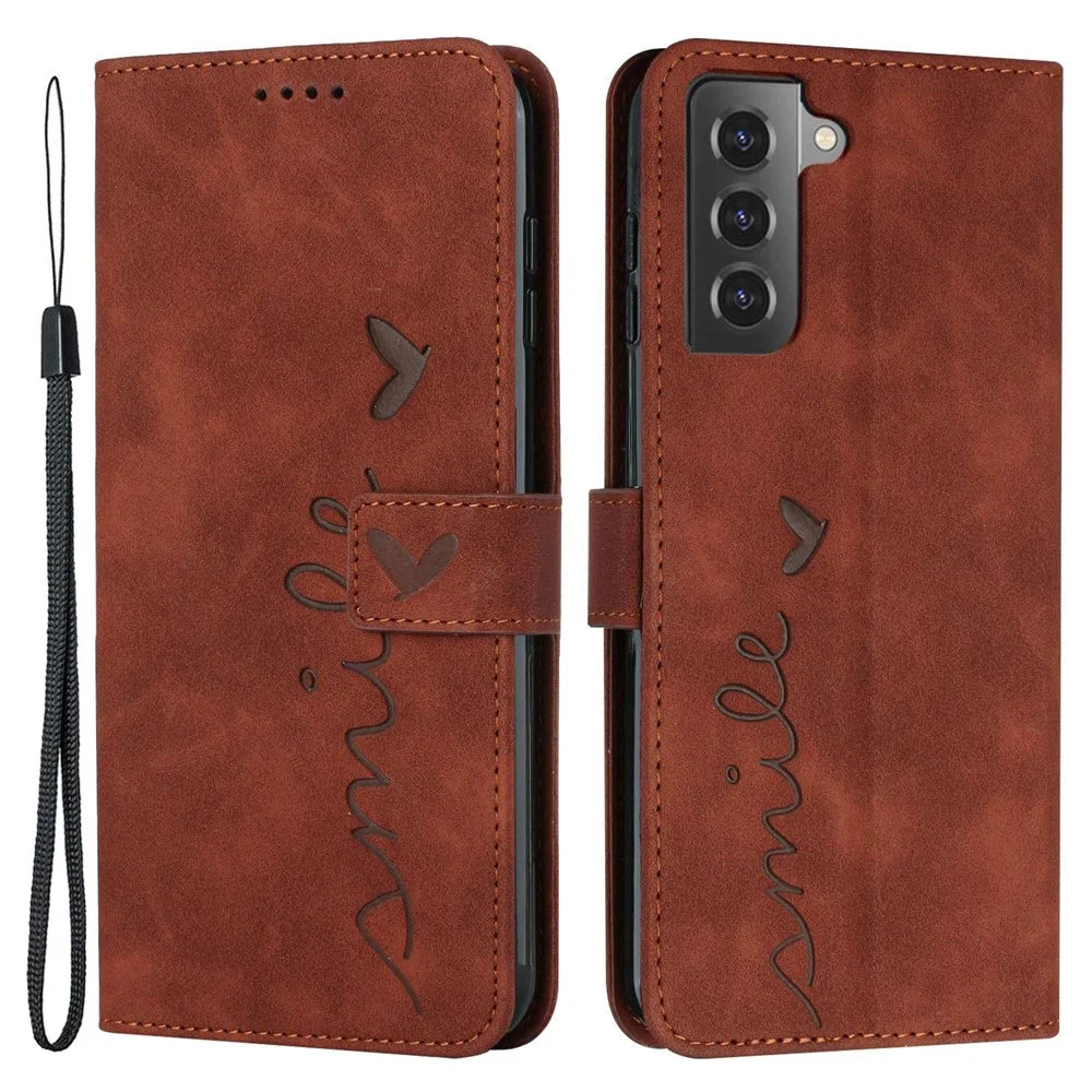 Stand Wallet Leather Phone Cover for Samsung Galaxy S21+ 5G, Skin-touch Imprinting Heart Shape Protective Case - Brown - 1