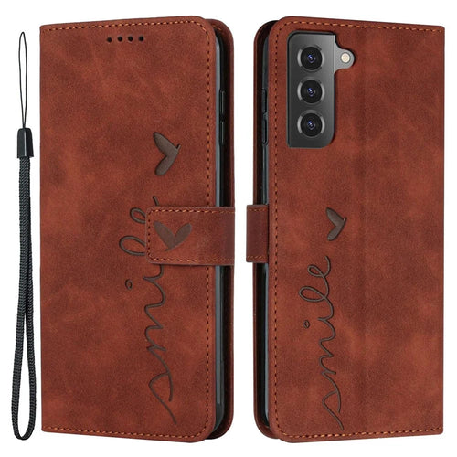 Stand Wallet Leather Phone Cover for Samsung Galaxy S21+ 5G, Skin-touch Imprinting Heart Shape Protective Case - Brown - 1