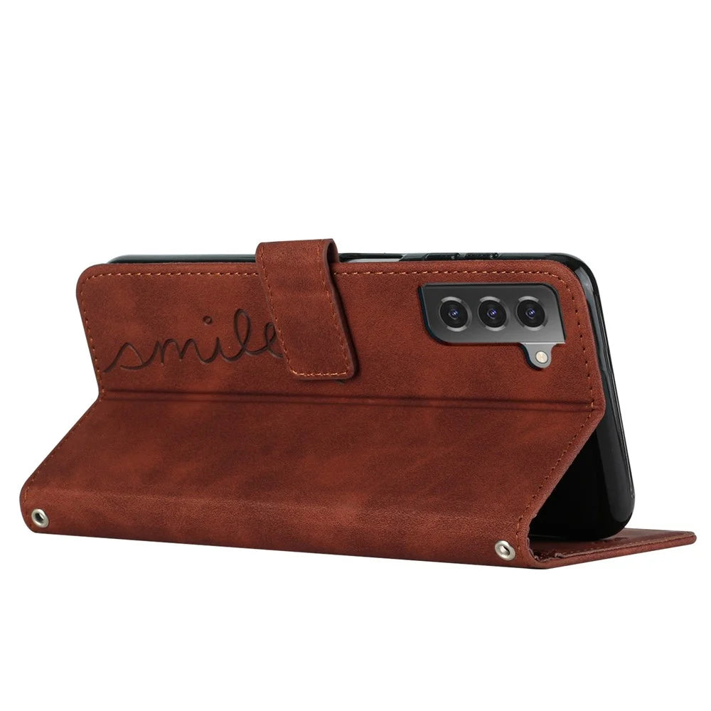 Stand Wallet Leather Phone Cover for Samsung Galaxy S21+ 5G, Skin-touch Imprinting Heart Shape Protective Case - Brown - 3