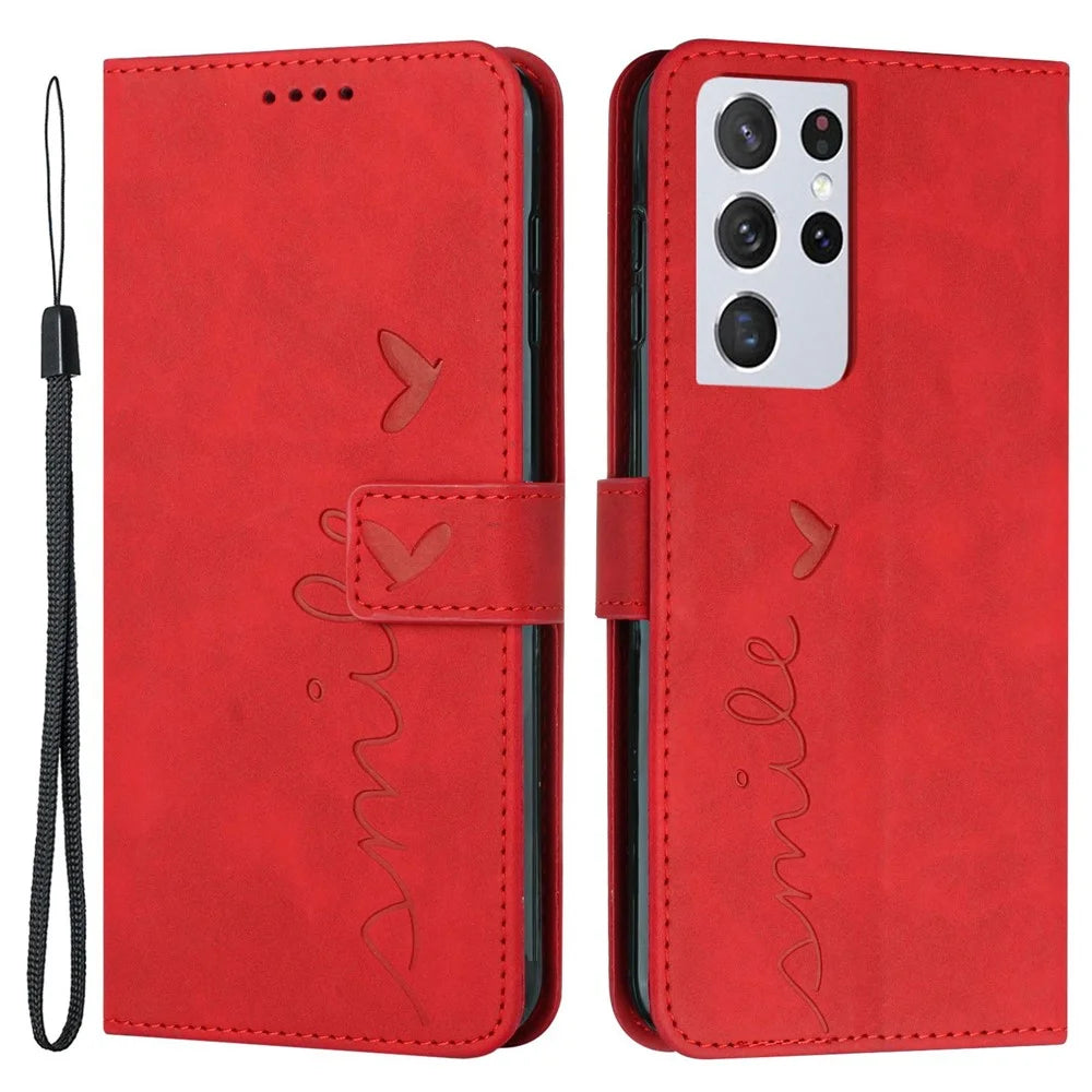 PU Leather Stand Wallet Case for Samsung Galaxy S21 Ultra 5G, Skin-touch Imprinted Heart Shape Full Protection Phone Shell - Red - 1