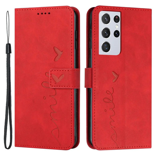PU Leather Stand Wallet Case for Samsung Galaxy S21 Ultra 5G, Skin-touch Imprinted Heart Shape Full Protection Phone Shell - Red - 1