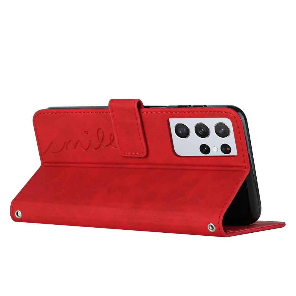 PU Leather Stand Wallet Case for Samsung Galaxy S21 Ultra 5G, Skin-touch Imprinted Heart Shape Full Protection Phone Shell - Red - 3