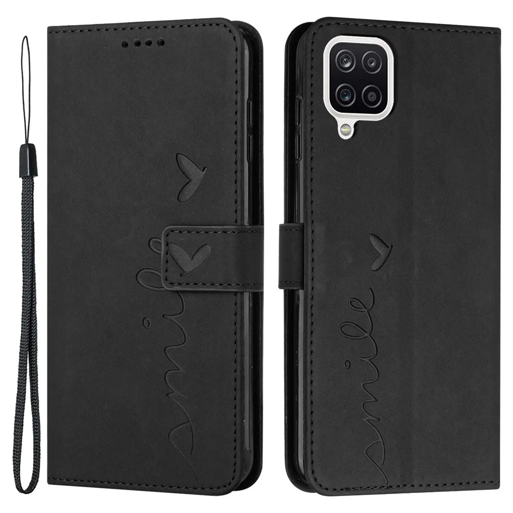 Stand Wallet Skin-touch Phone Case for Samsung Galaxy A42 5G, Heart Shape Imprinted PU Leather + TPU All-round Cover - Black - 1