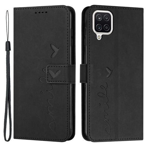Stand Wallet Skin-touch Phone Case for Samsung Galaxy A42 5G, Heart Shape Imprinted PU Leather + TPU All-round Cover - Black - 1