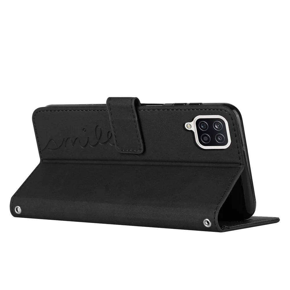 Stand Wallet Skin-touch Phone Case for Samsung Galaxy A42 5G, Heart Shape Imprinted PU Leather + TPU All-round Cover - Black - 3