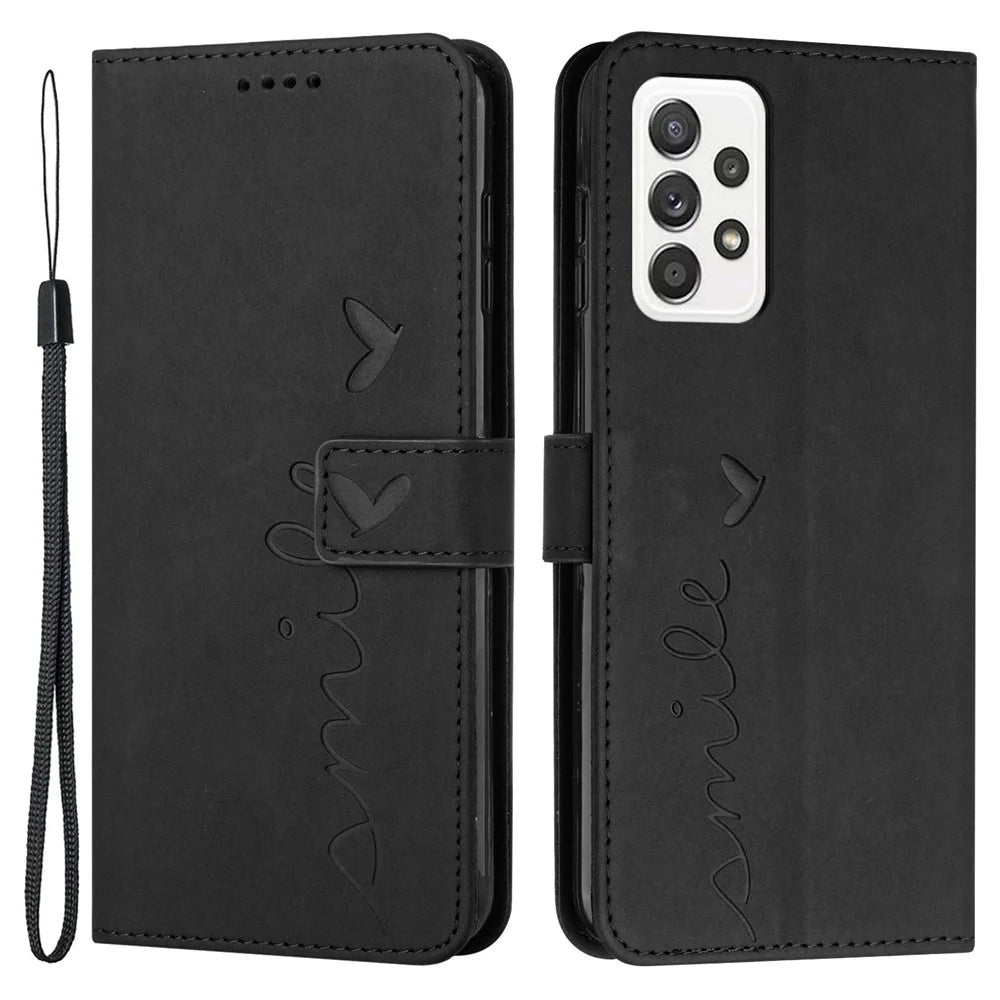 Shockproof Leather Phone Case for Samsung Galaxy A72 4G/5G, Skin-touch Stand Wallet Cover with Imprinting Heart Shape - Black - 1