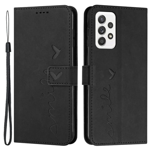 Shockproof Leather Phone Case for Samsung Galaxy A72 4G/5G, Skin-touch Stand Wallet Cover with Imprinting Heart Shape - Black - 1