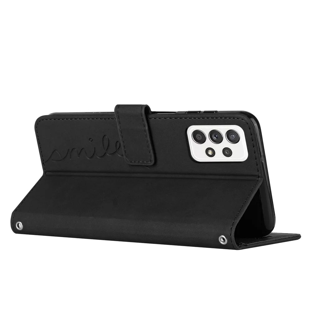 Shockproof Leather Phone Case for Samsung Galaxy A72 4G/5G, Skin-touch Stand Wallet Cover with Imprinting Heart Shape - Black - 3
