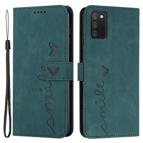 For Samsung Galaxy A02s (164.2mm) Skin-touch PU Leather Imprinting Heart Shape Phone Case Skin-touch Stand Wallet Flip Folio Cover - Green - 1
