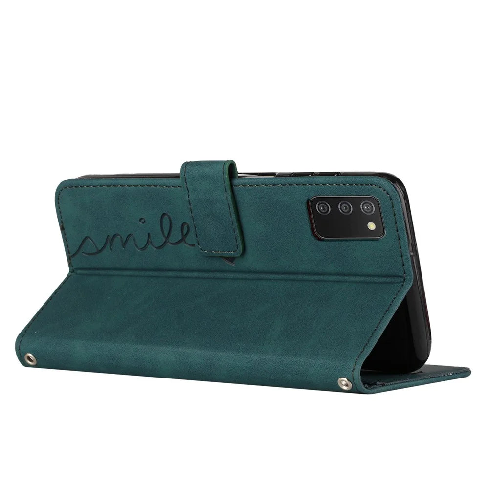 For Samsung Galaxy A02s (164.2mm) Skin-touch PU Leather Imprinting Heart Shape Phone Case Skin-touch Stand Wallet Flip Folio Cover - Green - 3