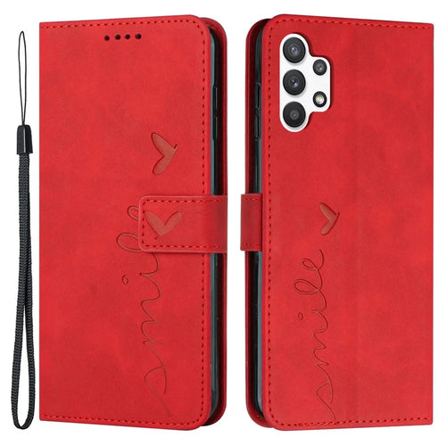 For Samsung Galaxy A32 5G/M32 5G Skin-touch Wallet Phone Case PU Leather Stand Imprinting Heart Shape Protective Cover - Red - 1