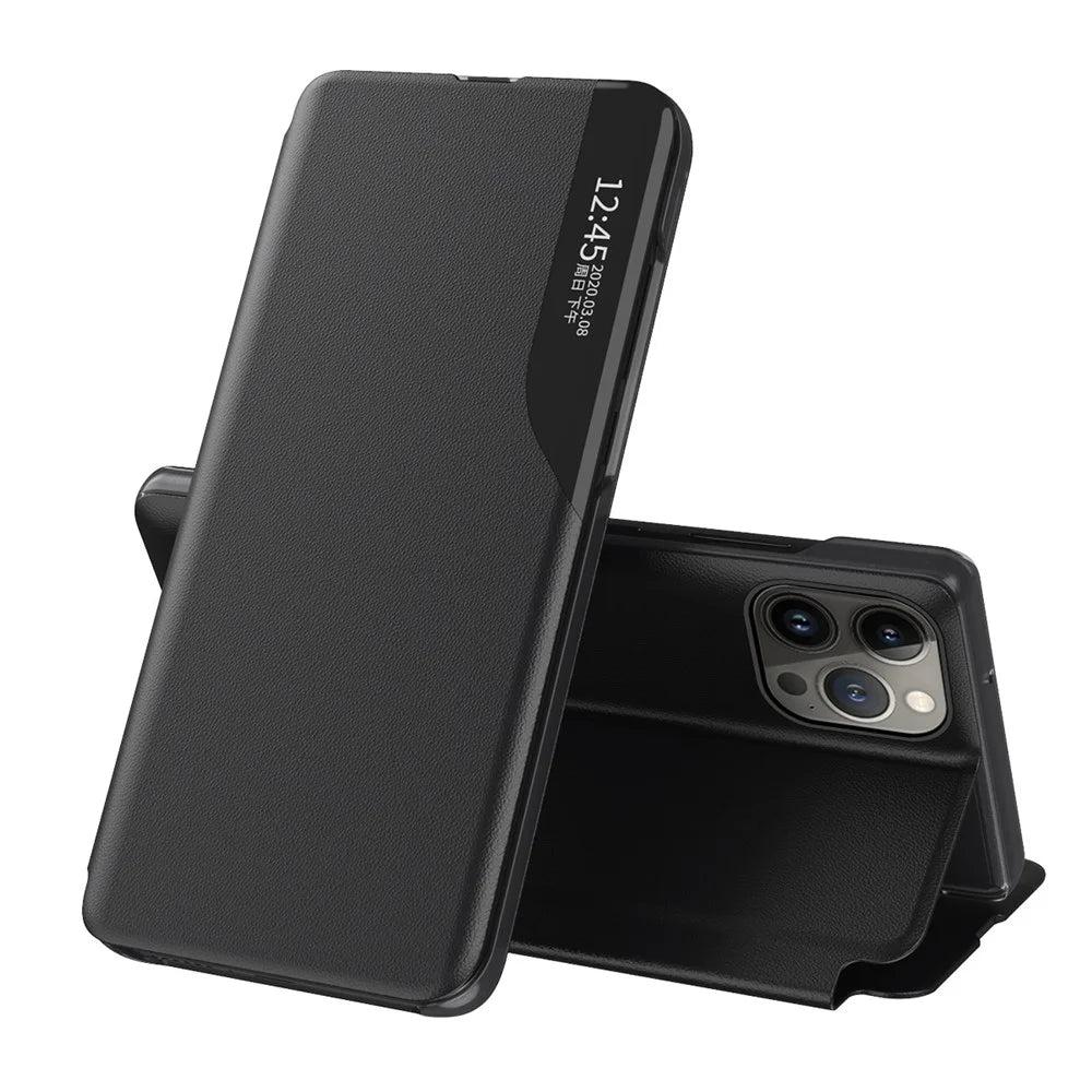 For iPhone 14 Pro Max 6.7 inch Clear View Window Folio Flip Leather Phone Case Stand Anti-Scratch Phone Cover - Black - 1