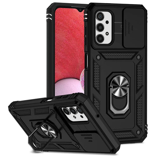 For Samsung Galaxy A13 4G Slide Camera Protector PC + TPU Hybrid Phone Case Anti-scratch Phone Cover with Metal Ring Kickstand - Black - 1