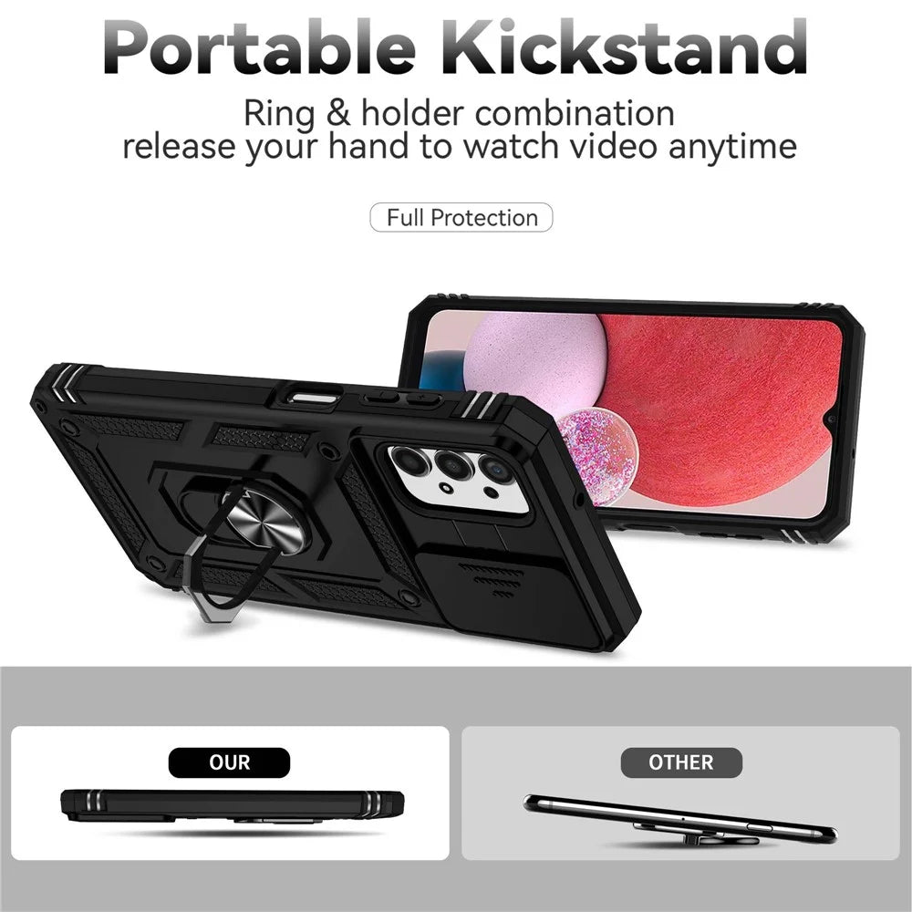 For Samsung Galaxy A13 4G Slide Camera Protector PC + TPU Hybrid Phone Case Anti-scratch Phone Cover with Metal Ring Kickstand - Black - 3