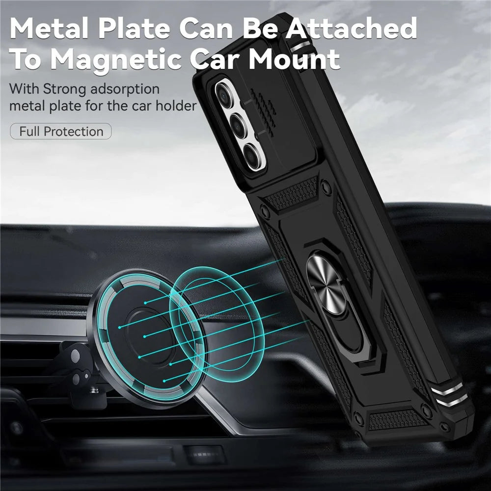 For Samsung Galaxy A13 4G Slide Camera Protector PC + TPU Hybrid Phone Case Anti-scratch Phone Cover with Metal Ring Kickstand - Black - 4
