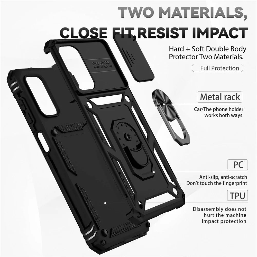 For Samsung Galaxy A13 4G Slide Camera Protector PC + TPU Hybrid Phone Case Anti-scratch Phone Cover with Metal Ring Kickstand - Black - 5