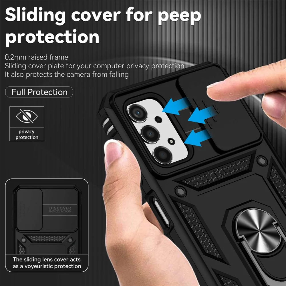 For Samsung Galaxy A13 4G Slide Camera Protector PC + TPU Hybrid Phone Case Anti-scratch Phone Cover with Metal Ring Kickstand - Black - 6