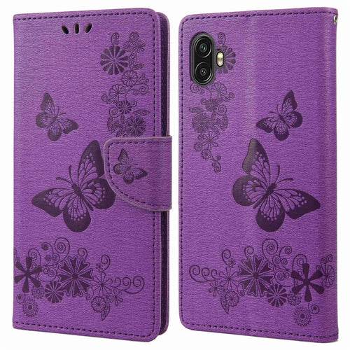 For Samsung Galaxy Xcover Pro 2 5G Butterflies Flower Pattern Imprinting Phone Leather Case Wallet Stand Flip Cover - Purple - 1