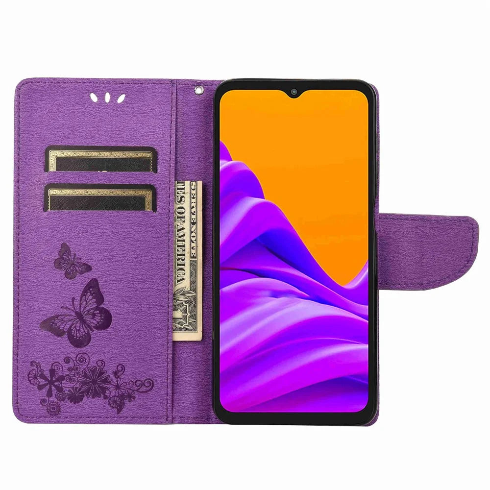 For Samsung Galaxy Xcover Pro 2 5G Butterflies Flower Pattern Imprinting Phone Leather Case Wallet Stand Flip Cover - Purple - 2